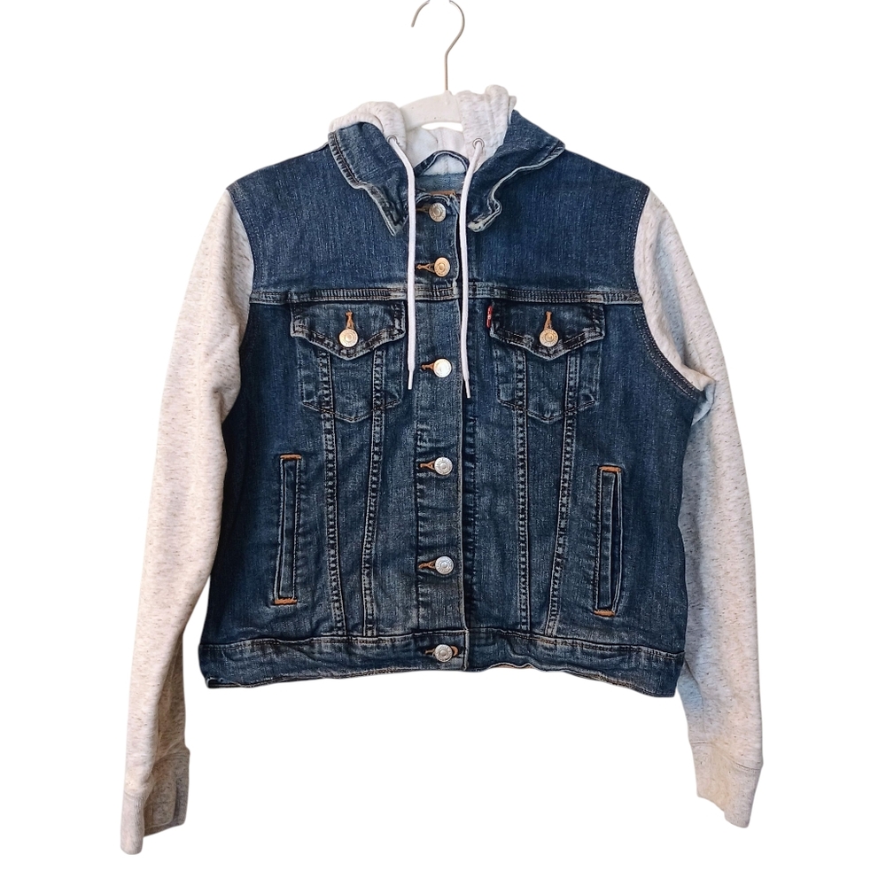 Kid's Unisex Levi's Hybrid Hooded Denim Blue Trucker Jacket Size Large